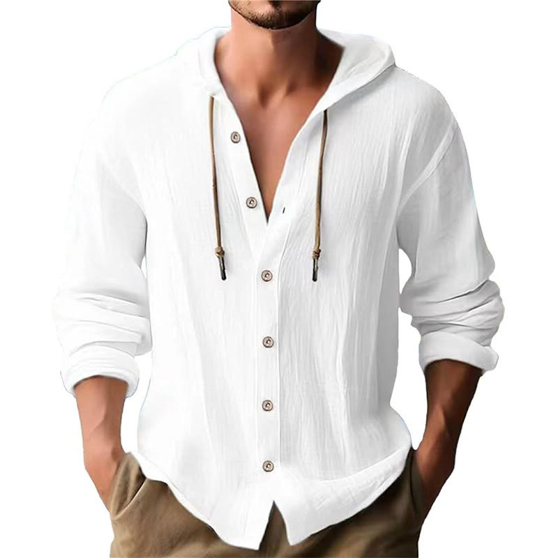Buddha Stones Solid Color Long Sleeve Hooded Drawstring Buttons Linen Men's Shirt - White - US/UK/AU44，EU54 (3XL) - image 3