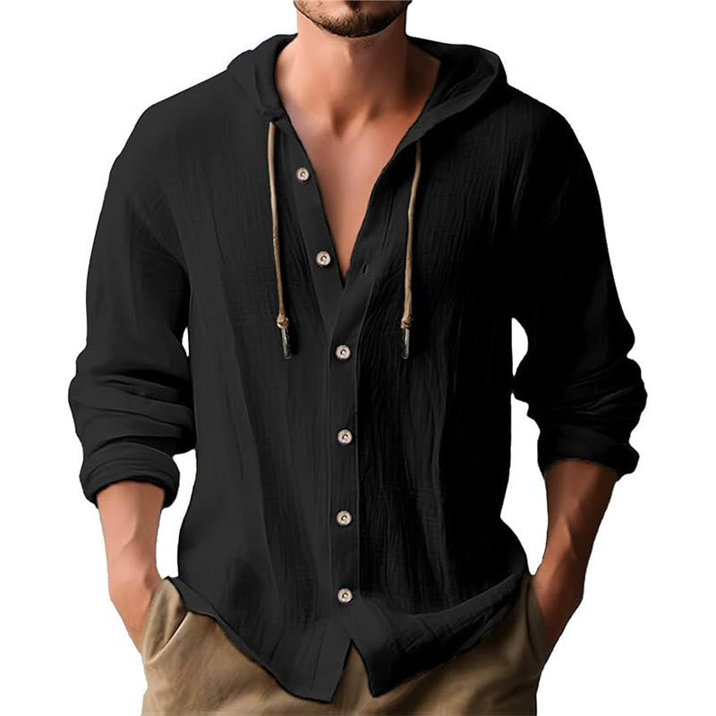 Buddha Stones Solid Color Long Sleeve Hooded Drawstring Buttons Linen Men's Shirt - Black - US/UK/AU44，EU54 (3XL) - image 0
