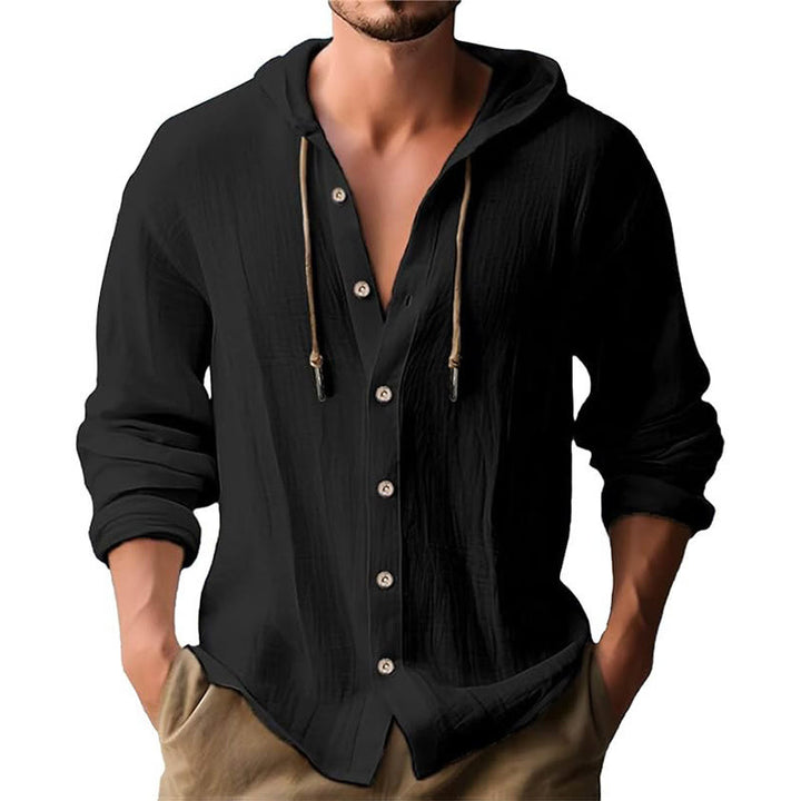 Buddha Stones Solid Color Long Sleeve Hooded Drawstring Buttons Linen Men's Shirt - Black - US/UK/AU44，EU54 (3XL) - image 0