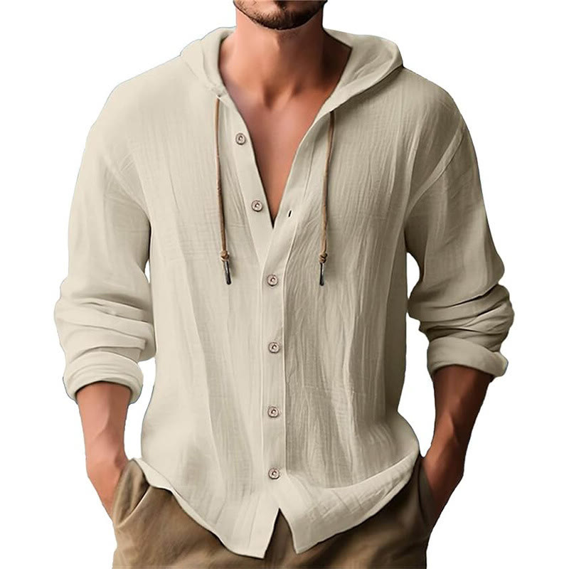 Buddha Stones Solid Color Long Sleeve Hooded Drawstring Buttons Linen Men's Shirt - Beige - US/UK/AU44，EU54 (3XL) - image 24