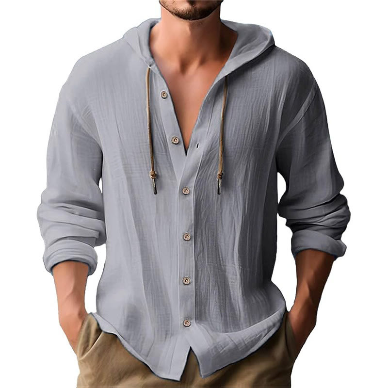 Buddha Stones Solid Color Long Sleeve Hooded Drawstring Buttons Linen Men's Shirt - DarkGray - US/UK/AU44，EU54 (3XL) - image 10