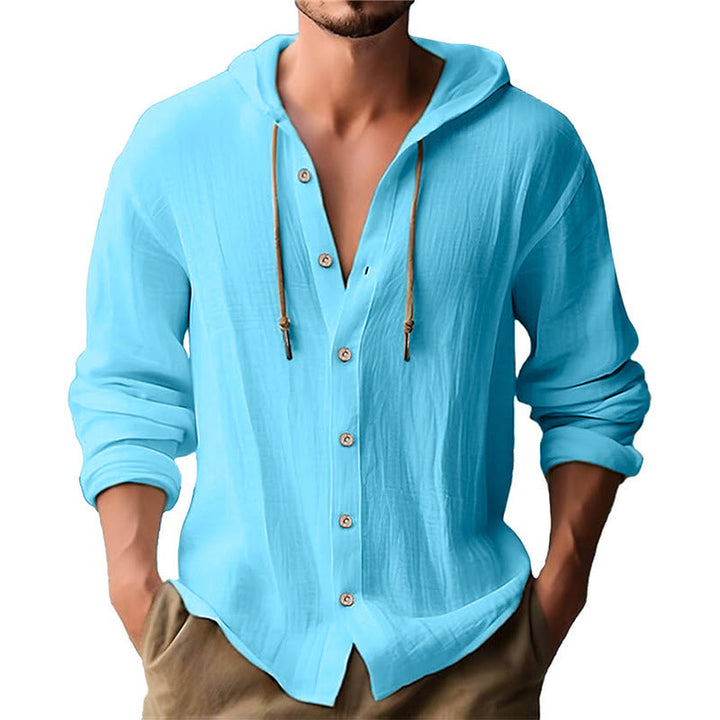 Buddha Stones Solid Color Long Sleeve Hooded Drawstring Buttons Linen Men's Shirt - LightSkyBlue - US/UK/AU44，EU54 (3XL) - image 17
