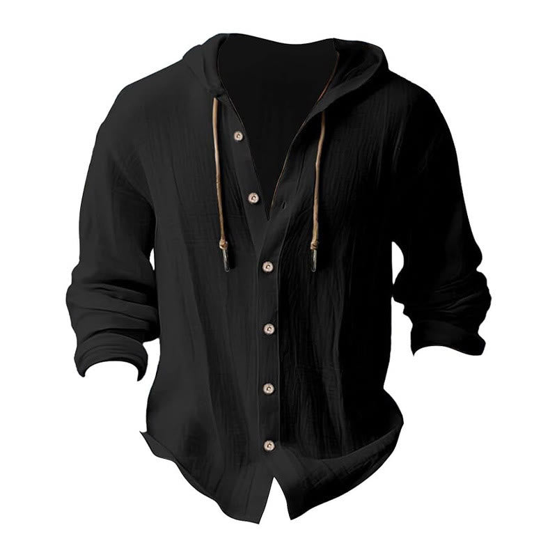 Buddha Stones Solid Color Long Sleeve Hooded Drawstring Buttons Linen Men's Shirt - image 1