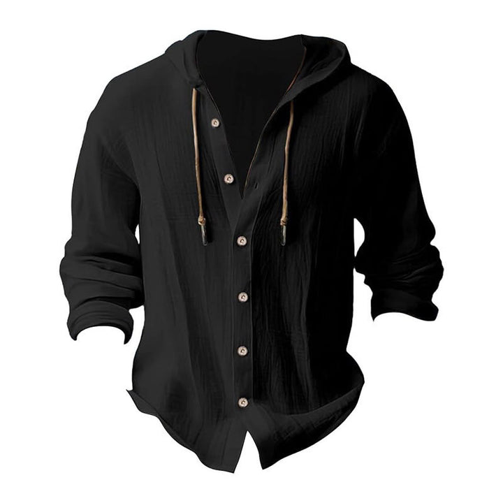 Buddha Stones Solid Color Long Sleeve Hooded Drawstring Buttons Linen Men's Shirt - image 1