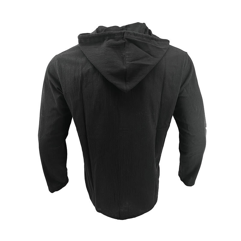 Buddha Stones Solid Color Long Sleeve Hooded Drawstring Buttons Linen Men's Shirt - image 2