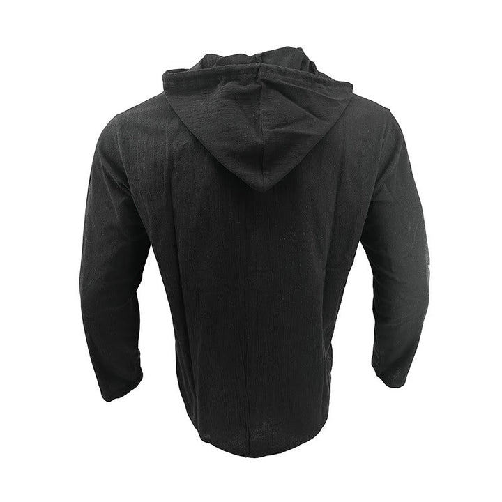 Buddha Stones Solid Color Long Sleeve Hooded Drawstring Buttons Linen Men's Shirt - image 2