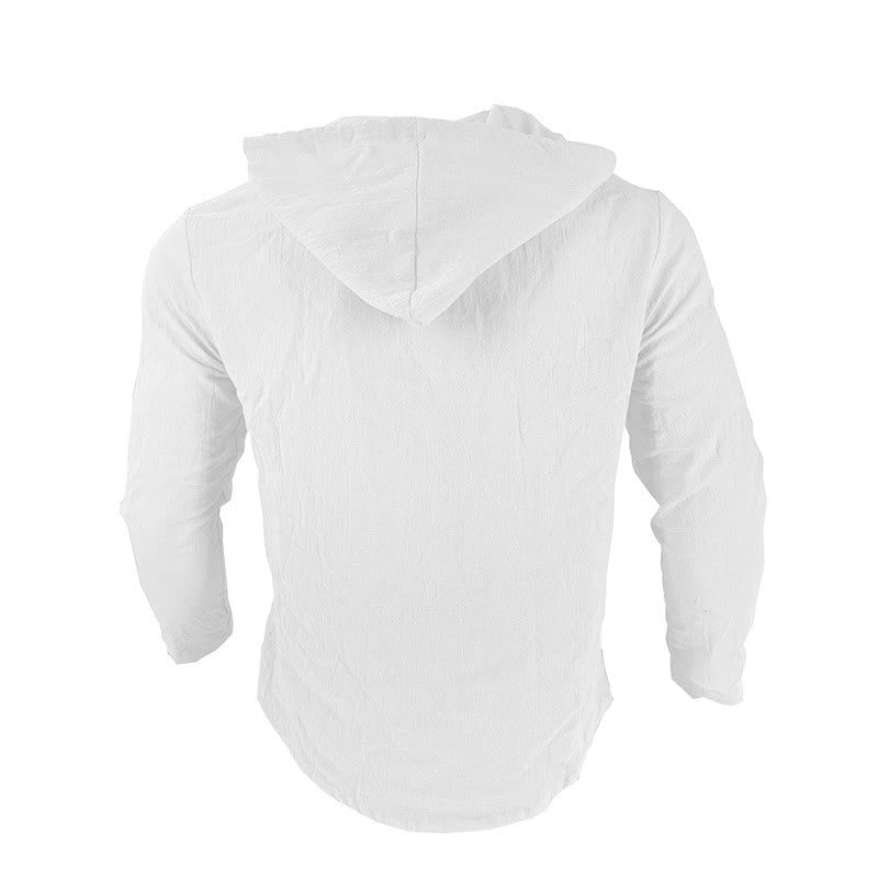 Buddha Stones Solid Color Long Sleeve Hooded Drawstring Buttons Linen Men's Shirt - image 5