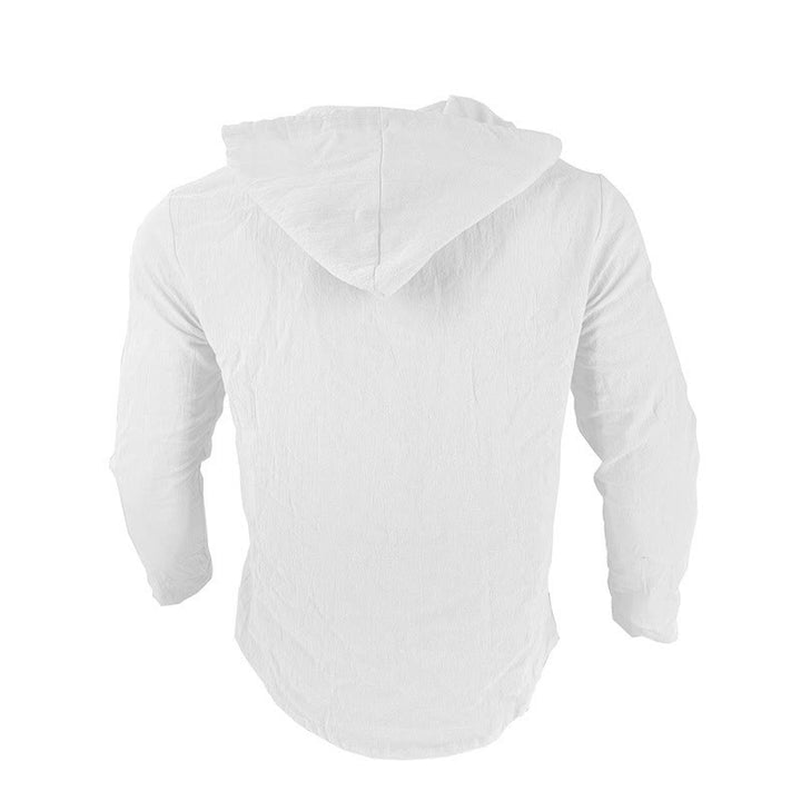 Buddha Stones Solid Color Long Sleeve Hooded Drawstring Buttons Linen Men's Shirt - image 5