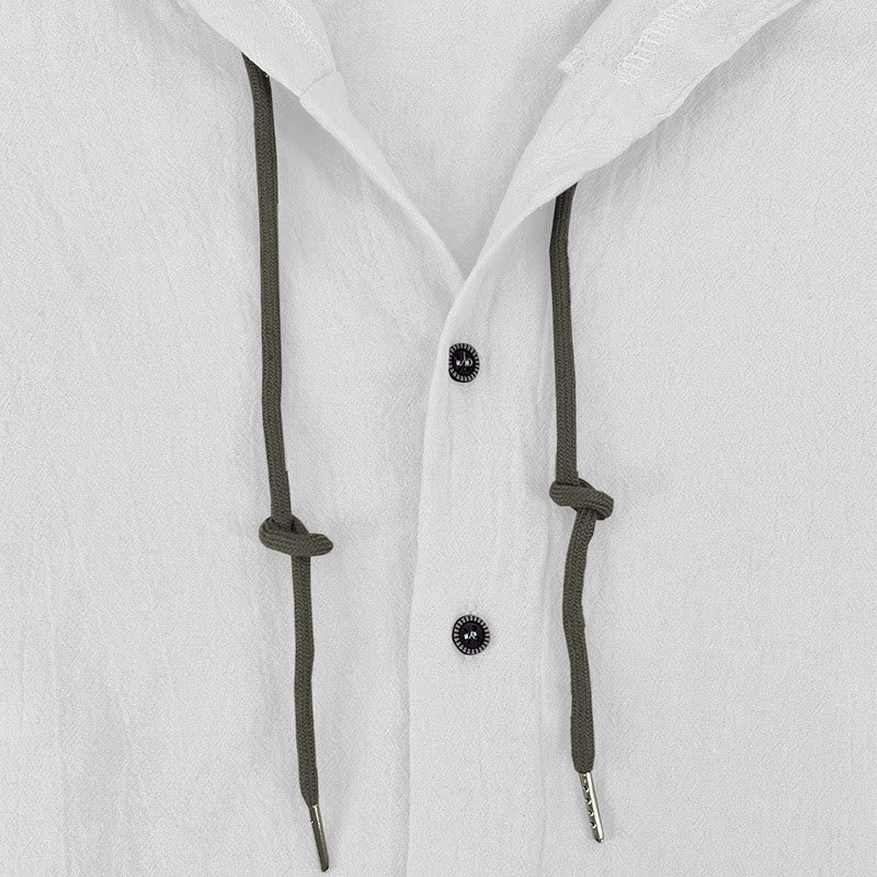 Buddha Stones Solid Color Long Sleeve Hooded Drawstring Buttons Linen Men's Shirt - image 7
