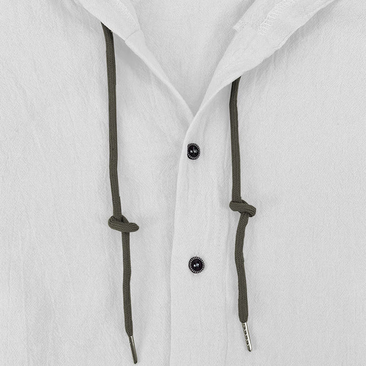 Buddha Stones Solid Color Long Sleeve Hooded Drawstring Buttons Linen Men's Shirt - image 7