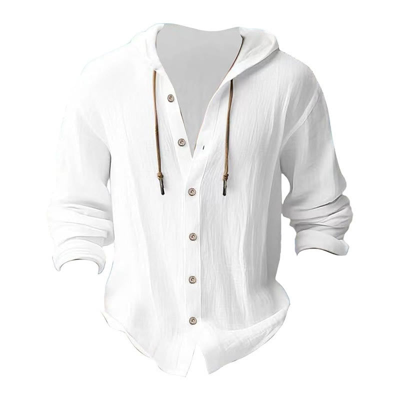 Buddha Stones Solid Color Long Sleeve Hooded Drawstring Buttons Linen Men's Shirt - image 4
