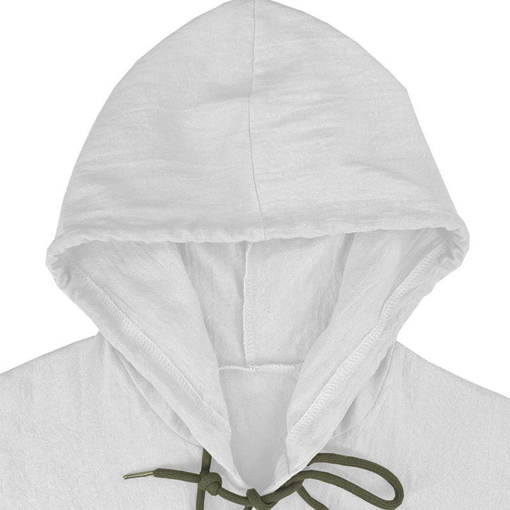 Buddha Stones Solid Color Long Sleeve Hooded Drawstring Buttons Linen Men's Shirt - image 6
