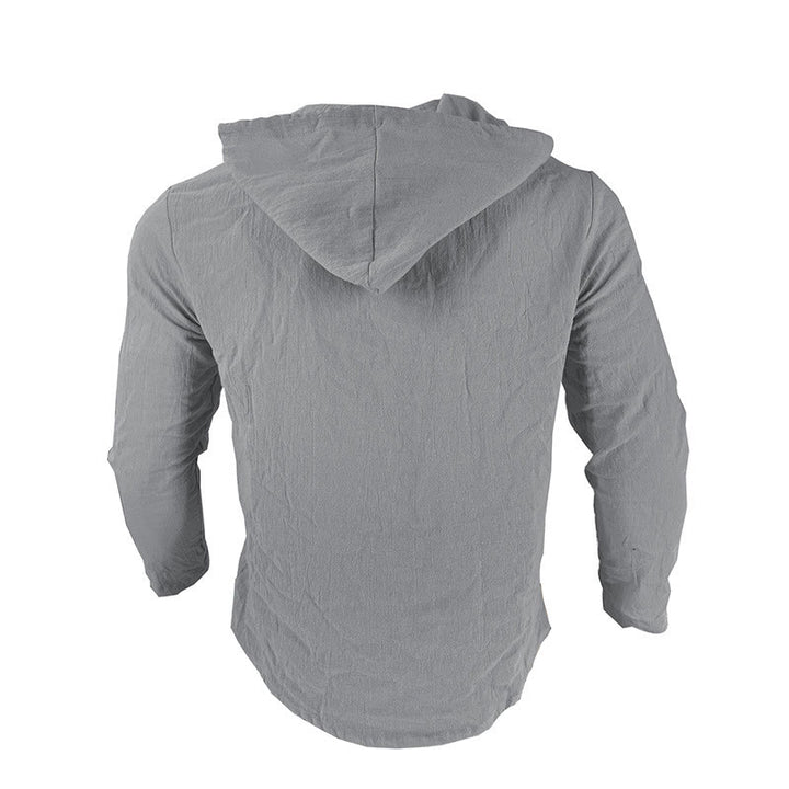 Buddha Stones Solid Color Long Sleeve Hooded Drawstring Buttons Linen Men's Shirt - image 11