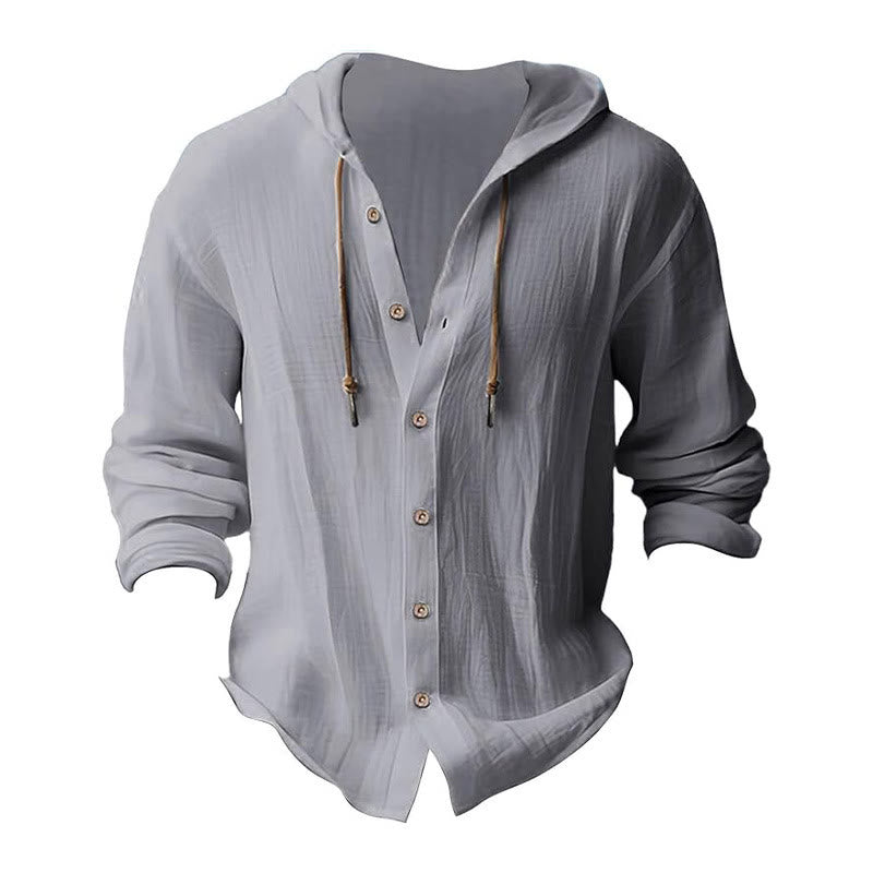 Buddha Stones Solid Color Long Sleeve Hooded Drawstring Buttons Linen Men's Shirt - image 12