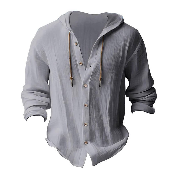 Buddha Stones Solid Color Long Sleeve Hooded Drawstring Buttons Linen Men's Shirt - image 12