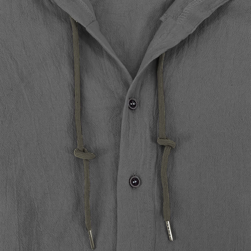 Buddha Stones Solid Color Long Sleeve Hooded Drawstring Buttons Linen Men's Shirt - image 14