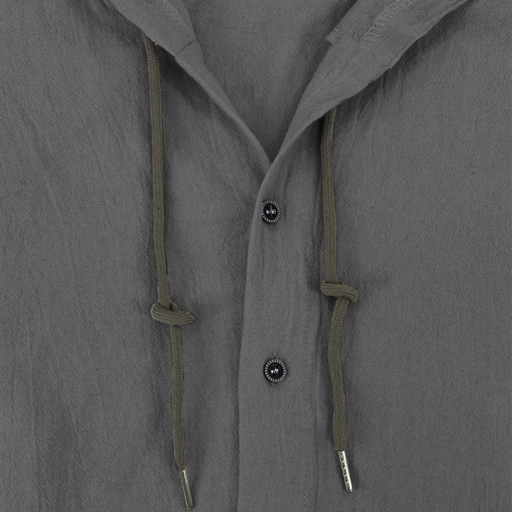 Buddha Stones Solid Color Long Sleeve Hooded Drawstring Buttons Linen Men's Shirt - image 14