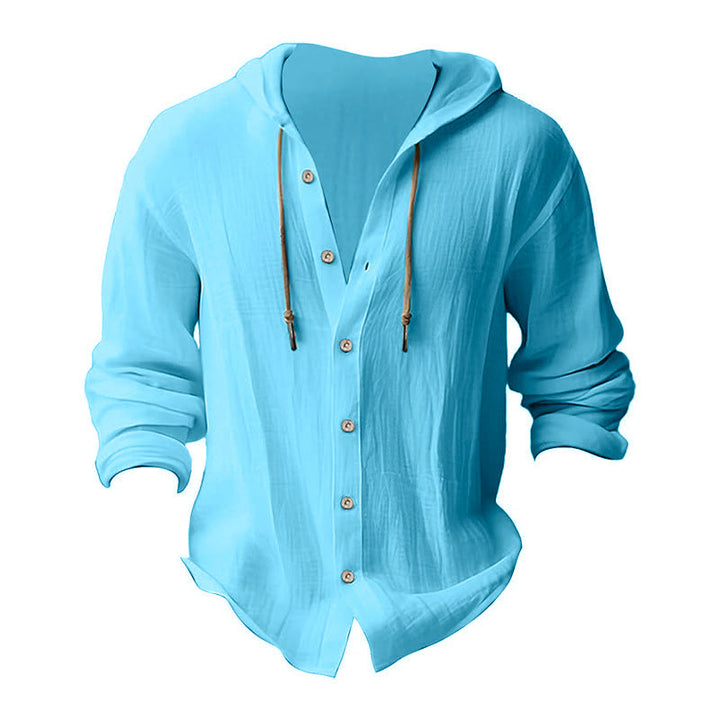 Buddha Stones Solid Color Long Sleeve Hooded Drawstring Buttons Linen Men's Shirt - image 19