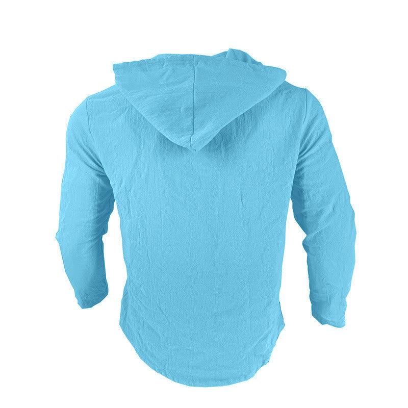 Buddha Stones Solid Color Long Sleeve Hooded Drawstring Buttons Linen Men's Shirt - image 18