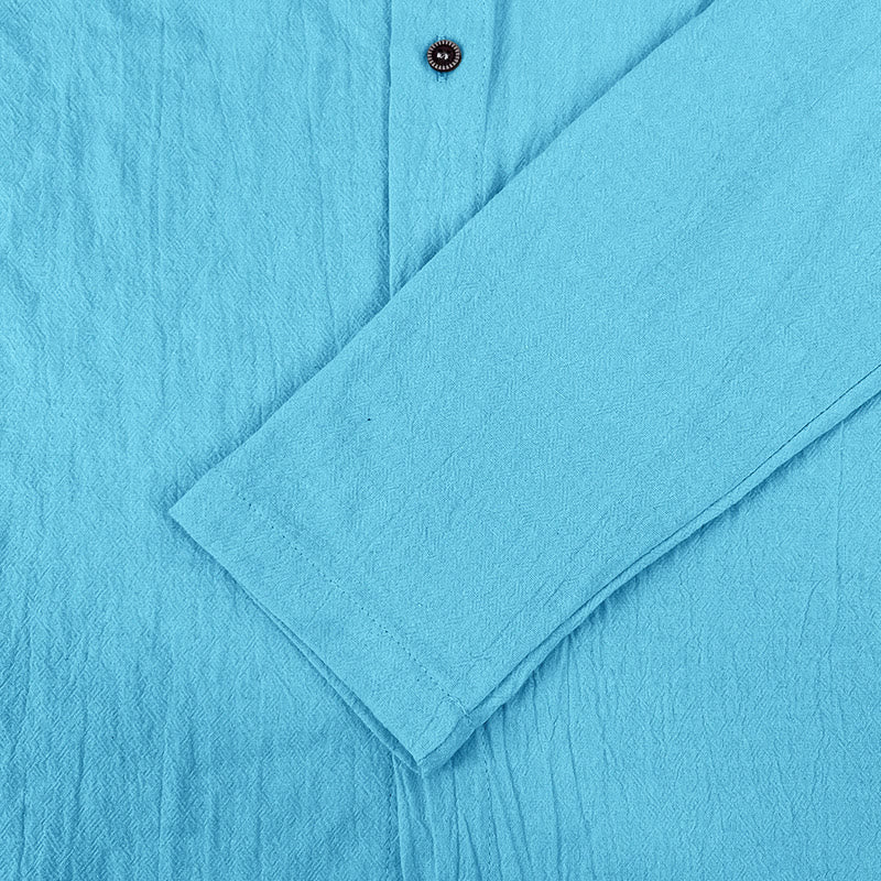 Buddha Stones Solid Color Long Sleeve Hooded Drawstring Buttons Linen Men's Shirt - image 22
