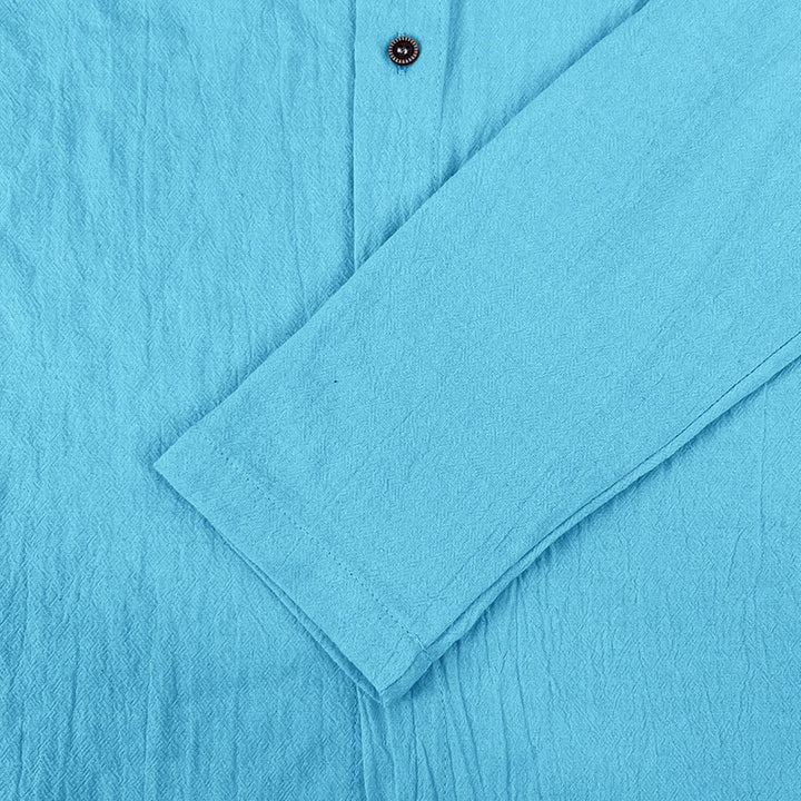 Buddha Stones Solid Color Long Sleeve Hooded Drawstring Buttons Linen Men's Shirt - image 22