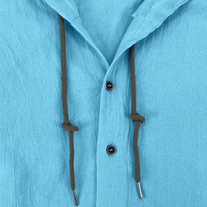 Buddha Stones Solid Color Long Sleeve Hooded Drawstring Buttons Linen Men's Shirt - image 21