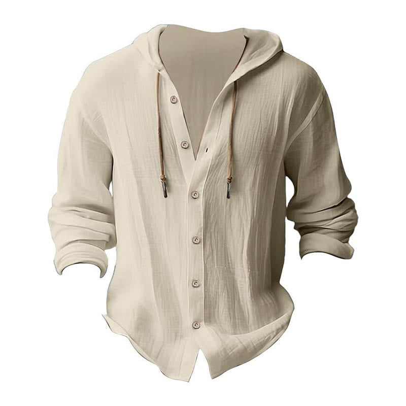 Buddha Stones Solid Color Long Sleeve Hooded Drawstring Buttons Linen Men's Shirt - image 25