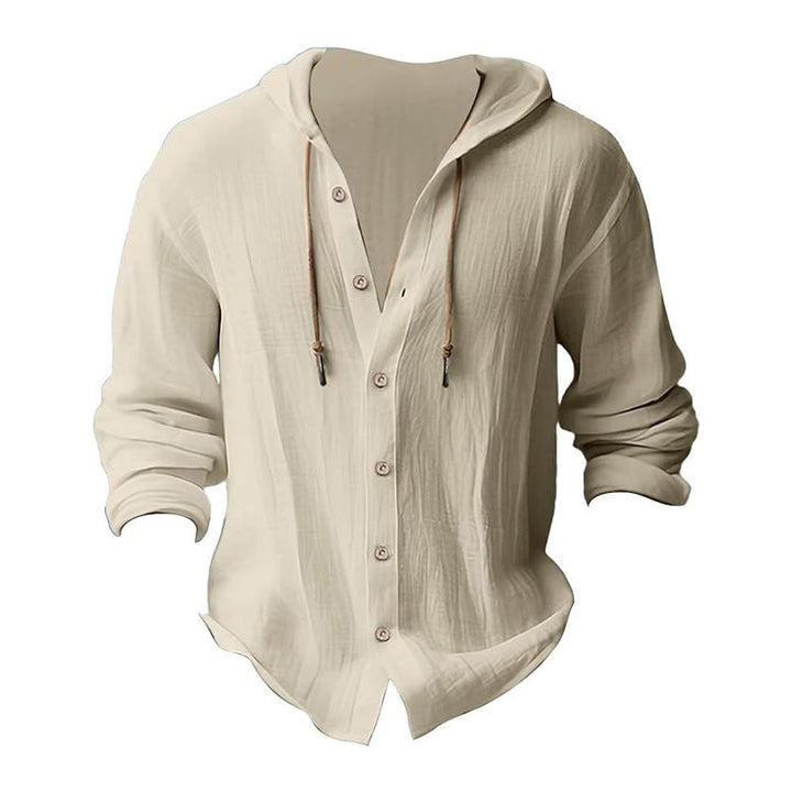 Buddha Stones Solid Color Long Sleeve Hooded Drawstring Buttons Linen Men's Shirt - image 25