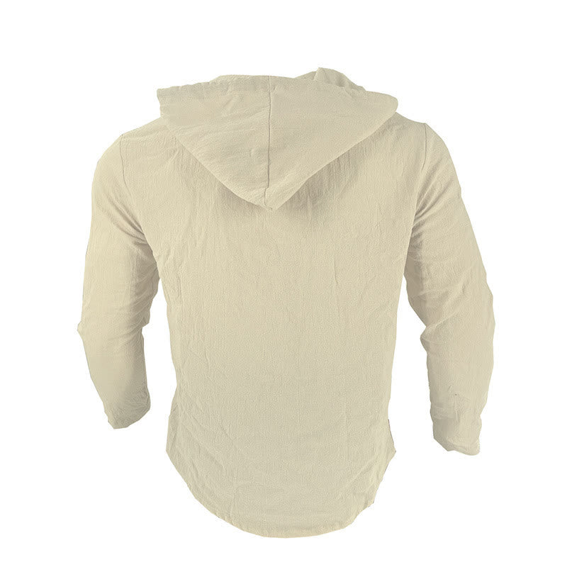 Buddha Stones Solid Color Long Sleeve Hooded Drawstring Buttons Linen Men's Shirt - image 26