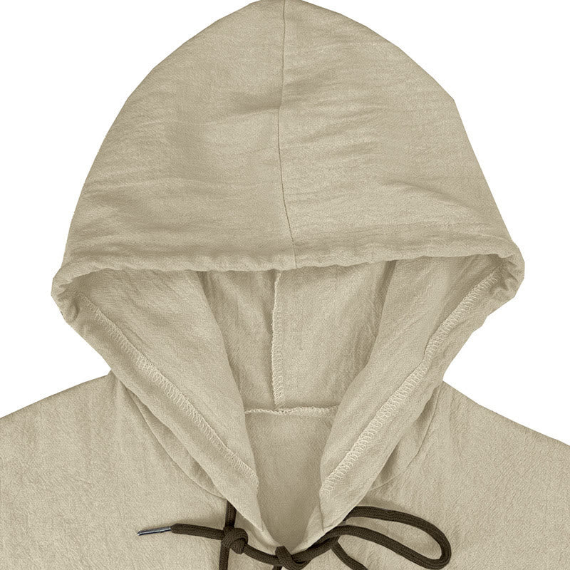 Buddha Stones Solid Color Long Sleeve Hooded Drawstring Buttons Linen Men's Shirt - image 27