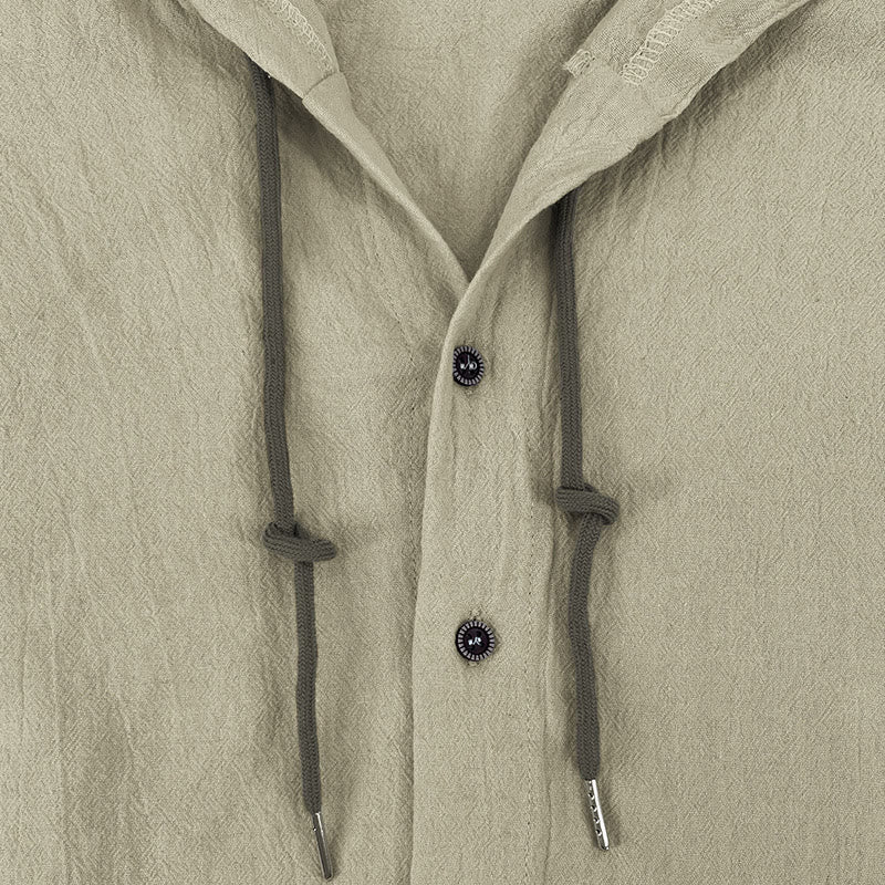 Buddha Stones Solid Color Long Sleeve Hooded Drawstring Buttons Linen Men's Shirt - image 28