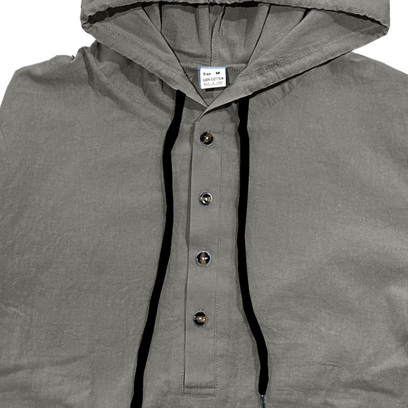 Buddha Stones Solid Color Fall Half Buttons Men's Hooded Long Sleeve Cotton Shirt - image 10