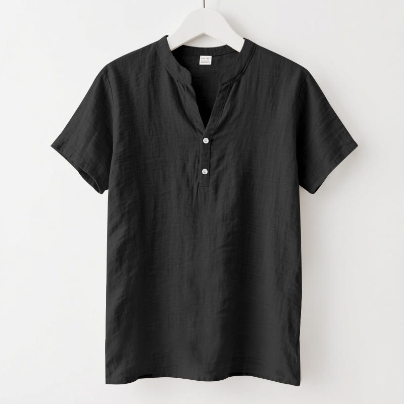 Buddha Stones Solid Summer Short Sleeve Half Buttons Linen Men's Shirt - Black - US/UK/AU46，EU56 (3XL) - image 0