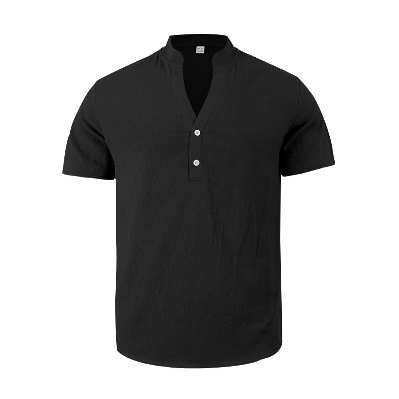 Buddha Stones Solid Summer Short Sleeve Half Buttons Linen Men's Shirt - image 1