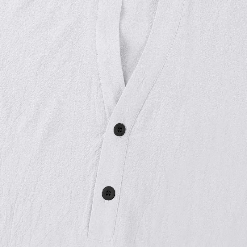 Buddha Stones Solid Summer Short Sleeve Half Buttons Linen Men's Shirt - image 9