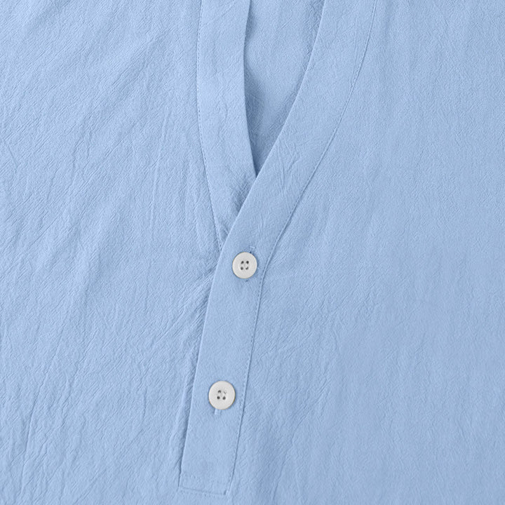Buddha Stones Solid Summer Short Sleeve Half Buttons Linen Men's Shirt - image 21