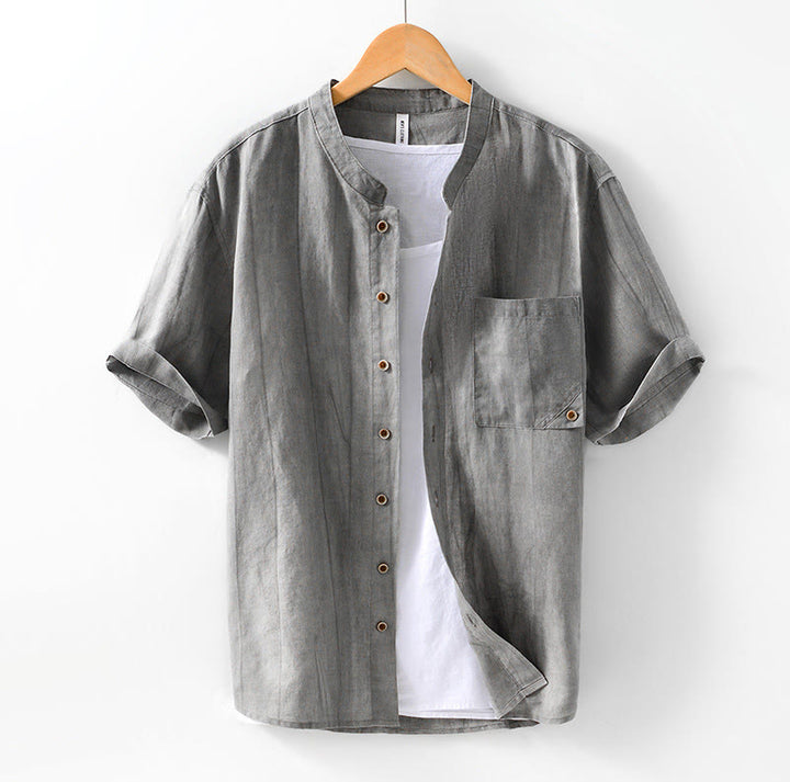 Buddha Stones Summer Buttons Short Sleeve Ramie Linen Cotton Men's Shirt - DarkGray - US/UK/AU42，EU52 (3XL) - image 0