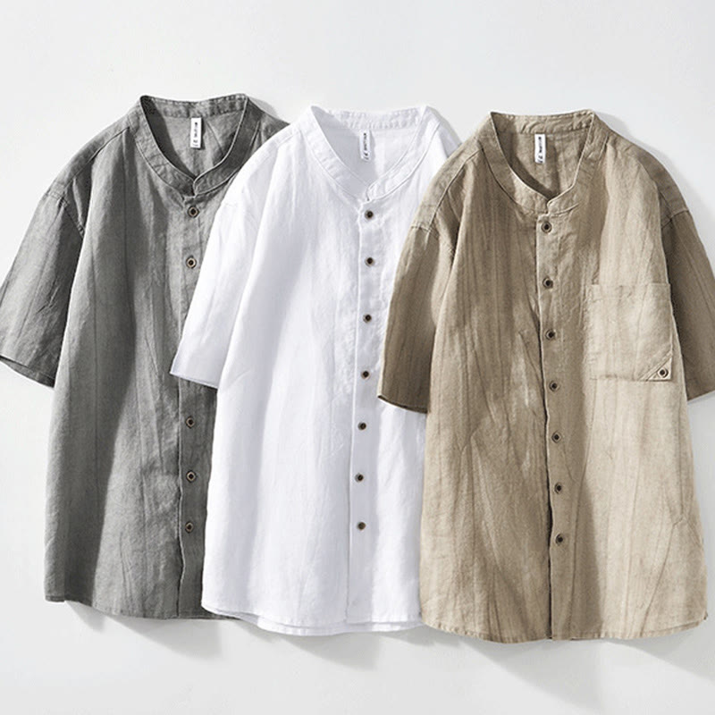 Buddha Stones Summer Buttons Short Sleeve Ramie Linen Cotton Men's Shirt - image 1