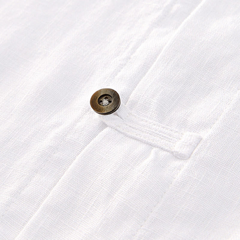 Buddha Stones Solid Summer Short Sleeve Buttons Linen Men's Shirt With Pockets - image 14
