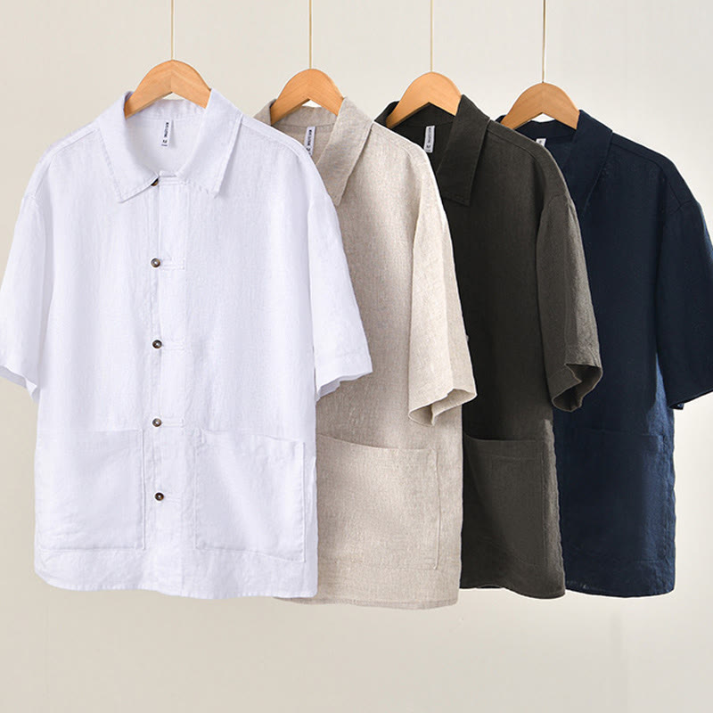 Buddha Stones Solid Summer Short Sleeve Buttons Linen Men's Shirt With Pockets - image 1