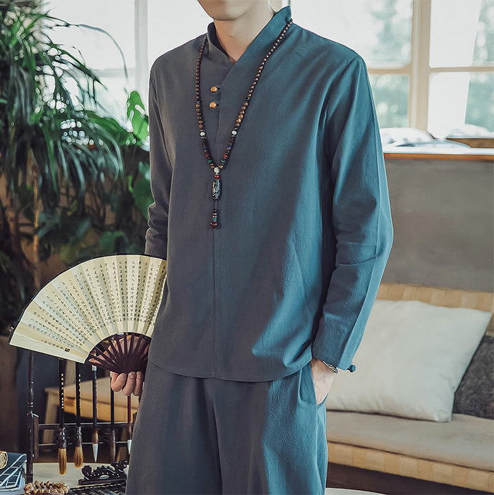 Buddha Stones 2Pcs Cotton Shirt Ankle-Length Pants With Pockets Men's Meditation Cloth Set - image 24