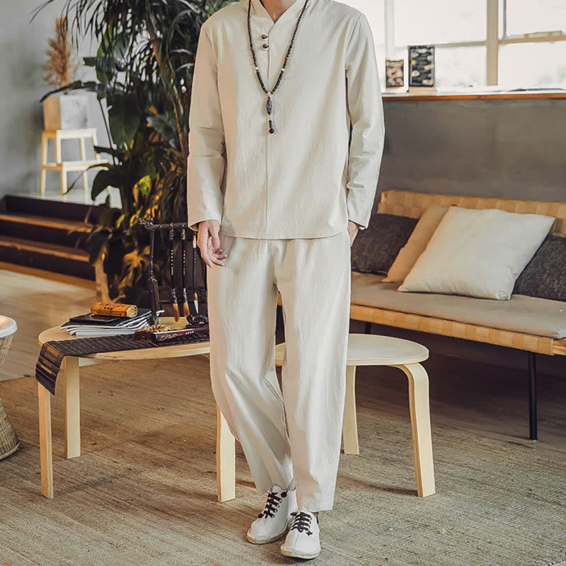 Buddha Stones 2Pcs Cotton Shirt Ankle-Length Pants With Pockets Men's Meditation Cloth Set - Beige - US/UK/AU44，EU54 (5XL) - image 0