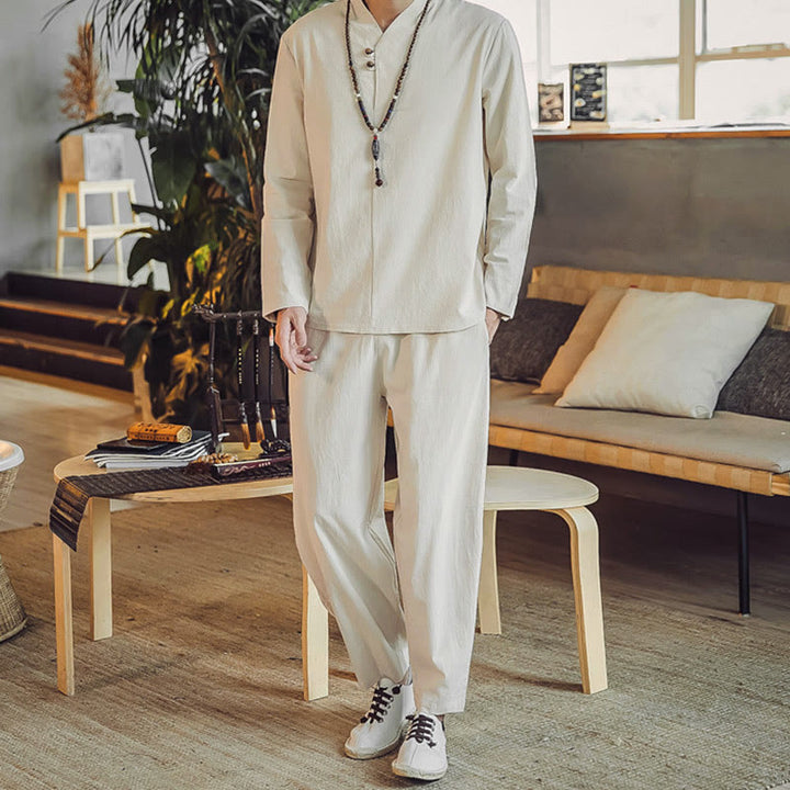 Buddha Stones 2Pcs Cotton Shirt Ankle-Length Pants With Pockets Men's Meditation Cloth Set - Beige - US/UK/AU44，EU54 (5XL) - image 0