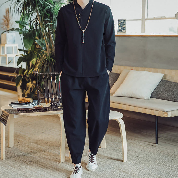 Buddha Stones 2Pcs Cotton Shirt Ankle-Length Pants With Pockets Men's Meditation Cloth Set - Black - US/UK/AU44，EU54 (5XL) - image 9