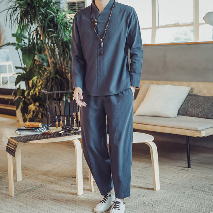 Buddha Stones 2Pcs Cotton Shirt Ankle-Length Pants With Pockets Men's Meditation Cloth Set - SteelBlue - US/UK/AU46，EU56 (5XL) - image 34
