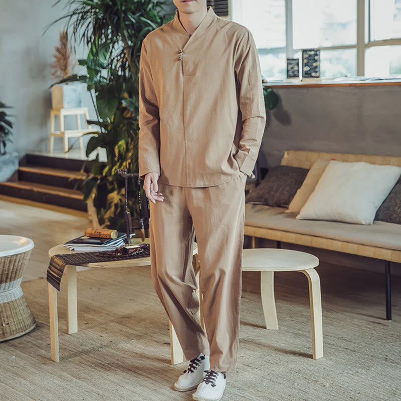 Buddha Stones 2Pcs Cotton Shirt Ankle-Length Pants With Pockets Men's Meditation Cloth Set - Tan - US/UK/AU44，EU54 (5XL) - image 26