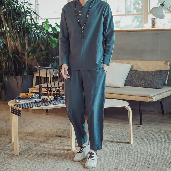Buddha Stones 2Pcs Cotton Shirt Ankle-Length Pants With Pockets Men's Meditation Cloth Set - Teal - US/UK/AU46，EU56 (5XL) - image 18