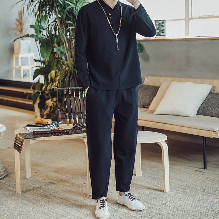 Buddha Stones 2Pcs Cotton Shirt Ankle-Length Pants With Pockets Men's Meditation Cloth Set - image 10