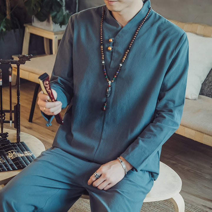 Buddha Stones 2Pcs Cotton Shirt Ankle-Length Pants With Pockets Men's Meditation Cloth Set - image 25