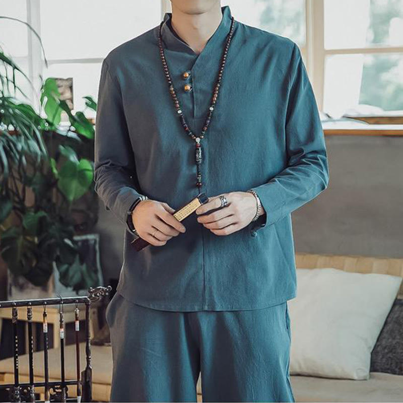 Buddha Stones 2Pcs Cotton Shirt Ankle-Length Pants With Pockets Men's Meditation Cloth Set - image 22